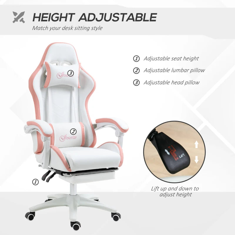 White and Pink Racing Gaming Chair with Footrest and Swivel Seat