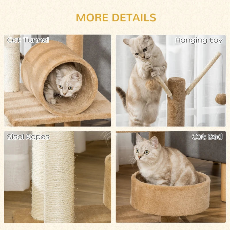 Brown Cat Tree Tower with Scratching Post & Toys - 121cm