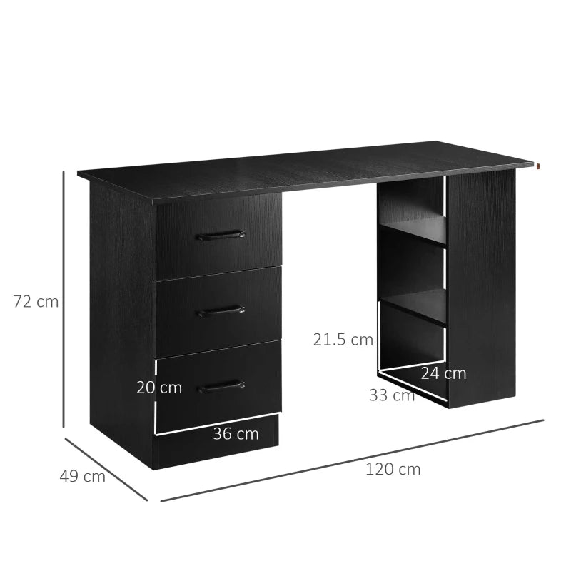 Black Computer Desk with Storage Shelves and Drawers