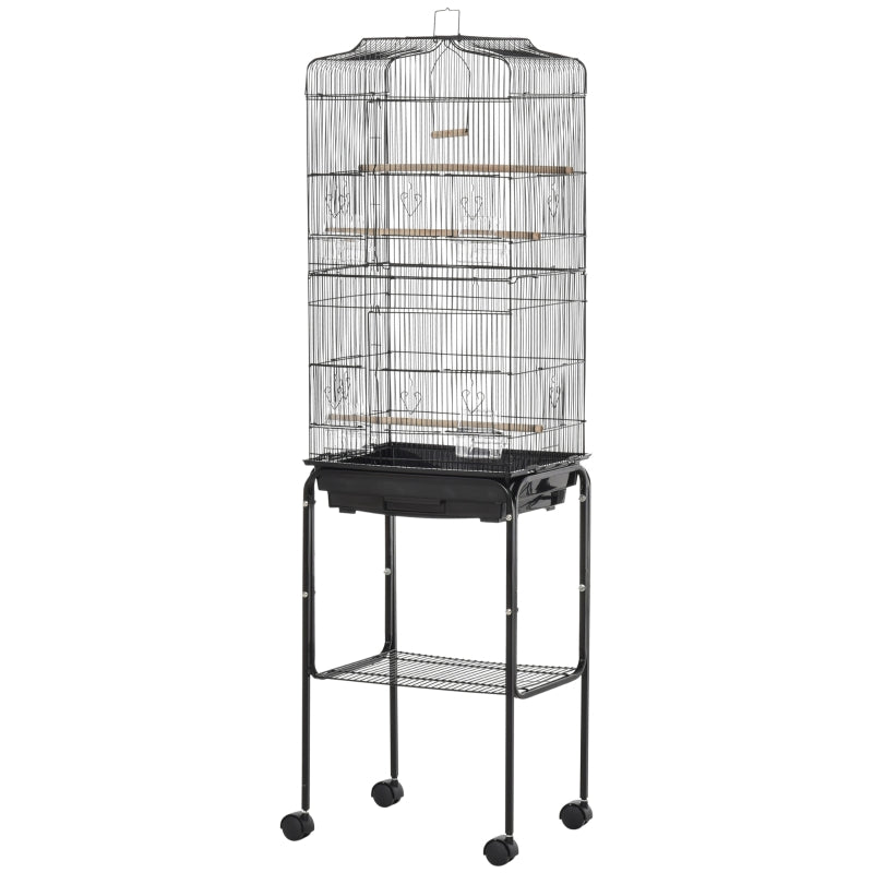 Black Bird Cage with Stand and Accessories, 46.5 x 36 x 157 cm