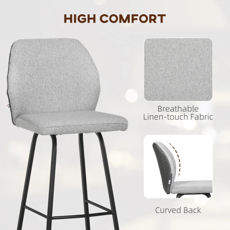 Set of 4 Light Grey Upholstered Bar Stools with Backs and Steel Legs