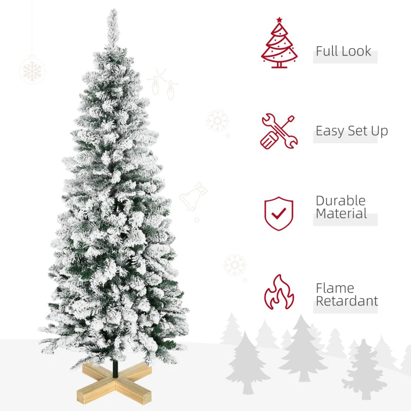 5 Ft Snow Flocked Green Christmas Pencil Tree, Realistic Branches, Auto Open