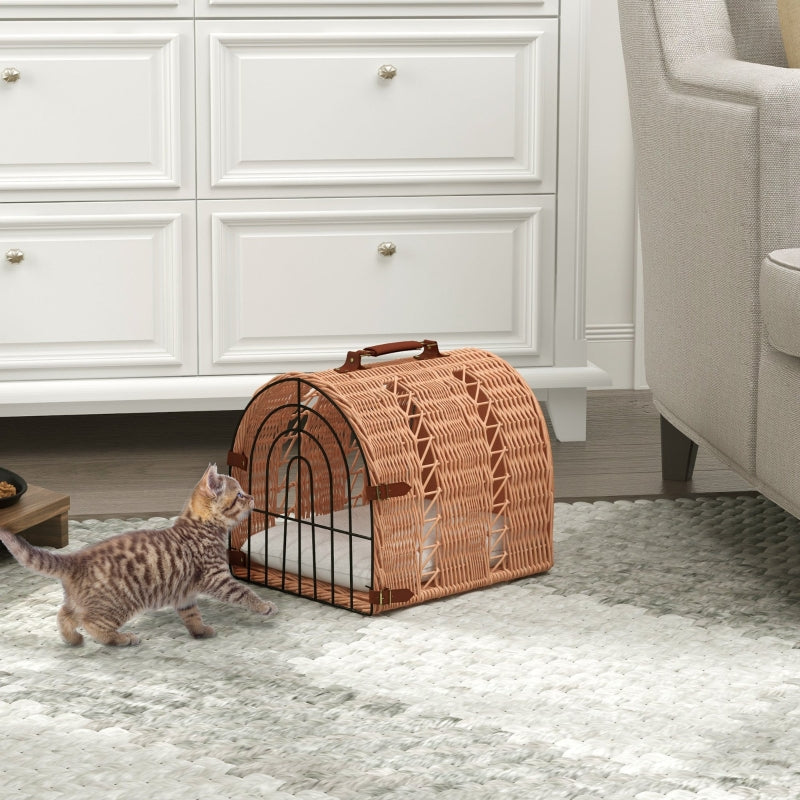 Orange Wicker Cat Carrier Basket with Soft Cushion - 37 x 28 x 29 cm