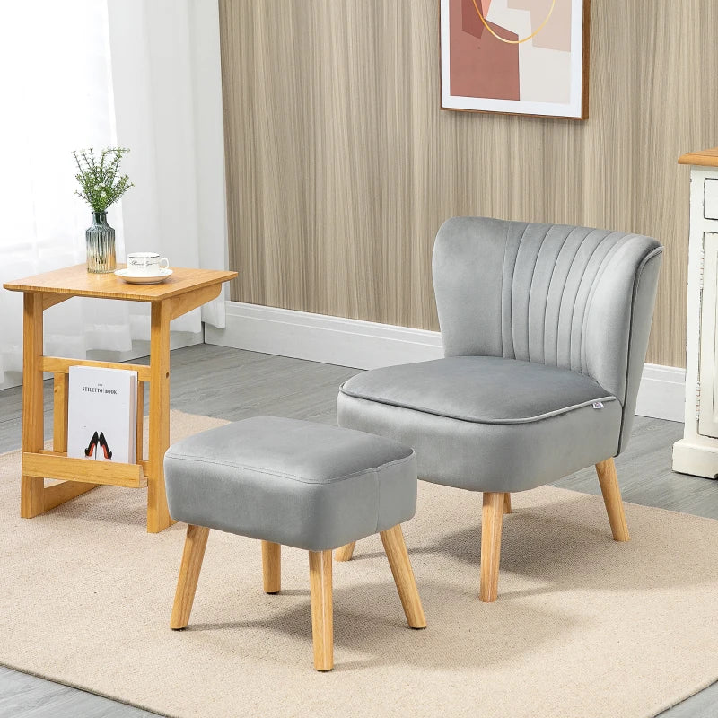 Light Grey Velvet Accent Chair with Ottoman - Curved Back, Wood Frame Legs