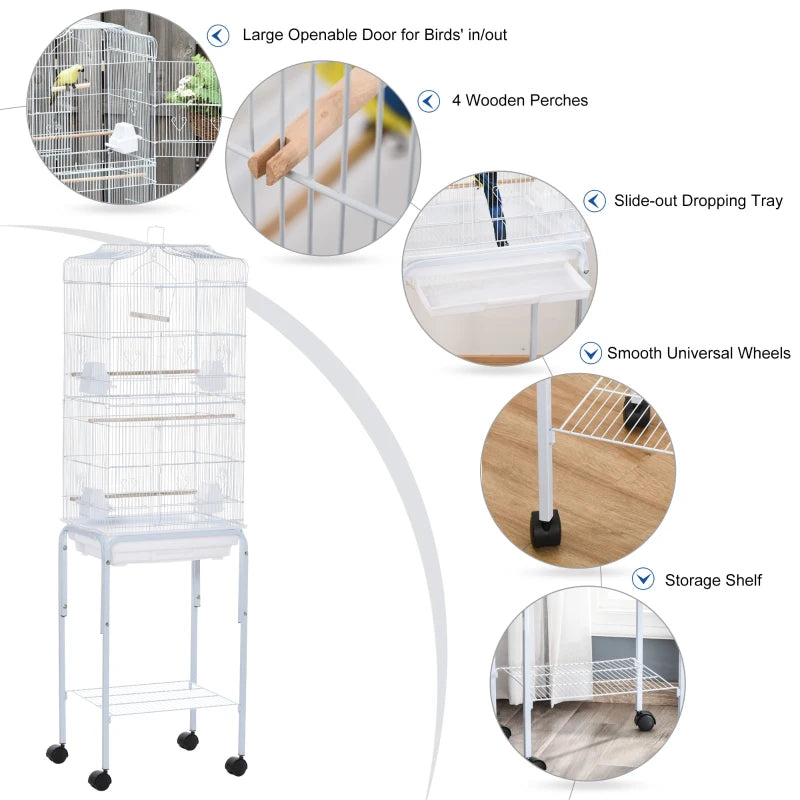 White Bird Cage with Stand and Accessories, 46.5 x 36 x 157 cm