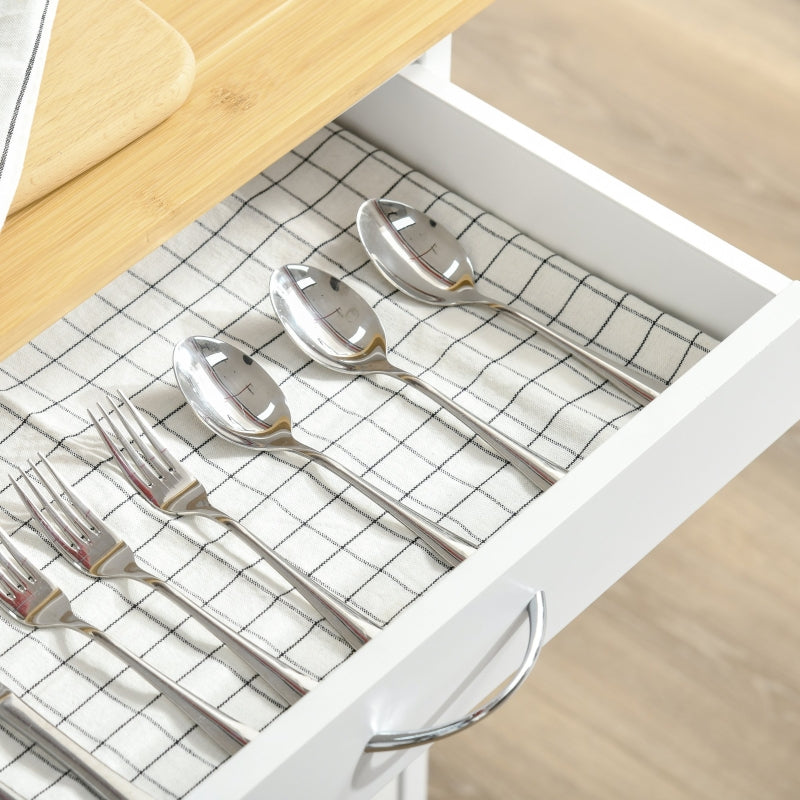 White Rolling Kitchen Island Trolley with Bamboo Top and Storage