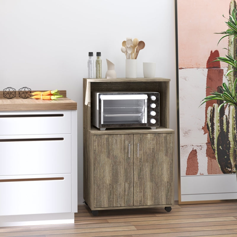 Grey Kitchen Microwave Cart with Cabinet and Locking Wheels