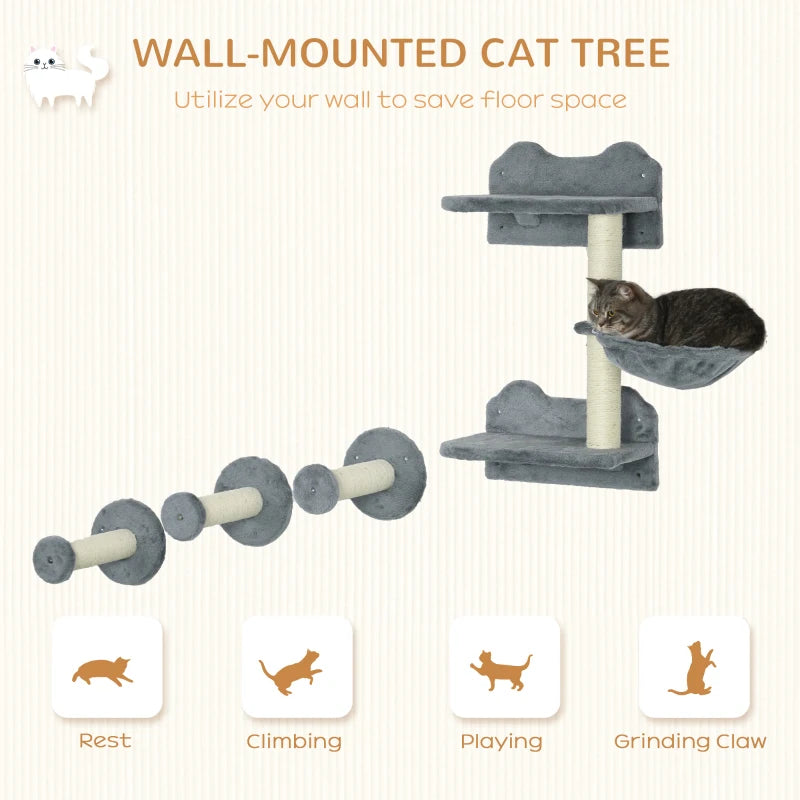 Grey Wall-Mounted Cat Tree with Scratching Post - 4 Piece Set