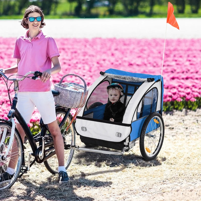 Blue White 2-Seat Child Bike Trailer with Safety Harness