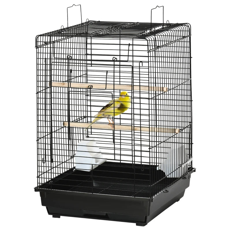 Black Steel Bird Cage with Open Top, Stand, Tray, Handles, Bowls - Parakeet, Finch