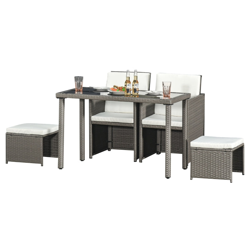 5-Piece Grey Rattan Dining Set with Cushioned Armchairs and Glass Table