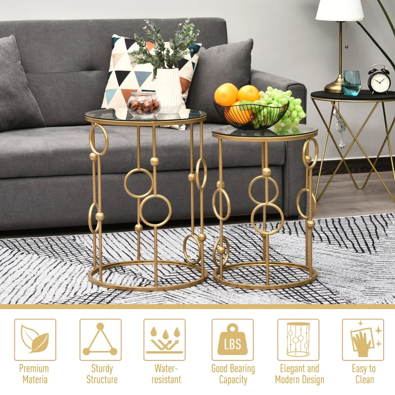 Gold Round Nesting Coffee Tables Set of 2 with Glass Top