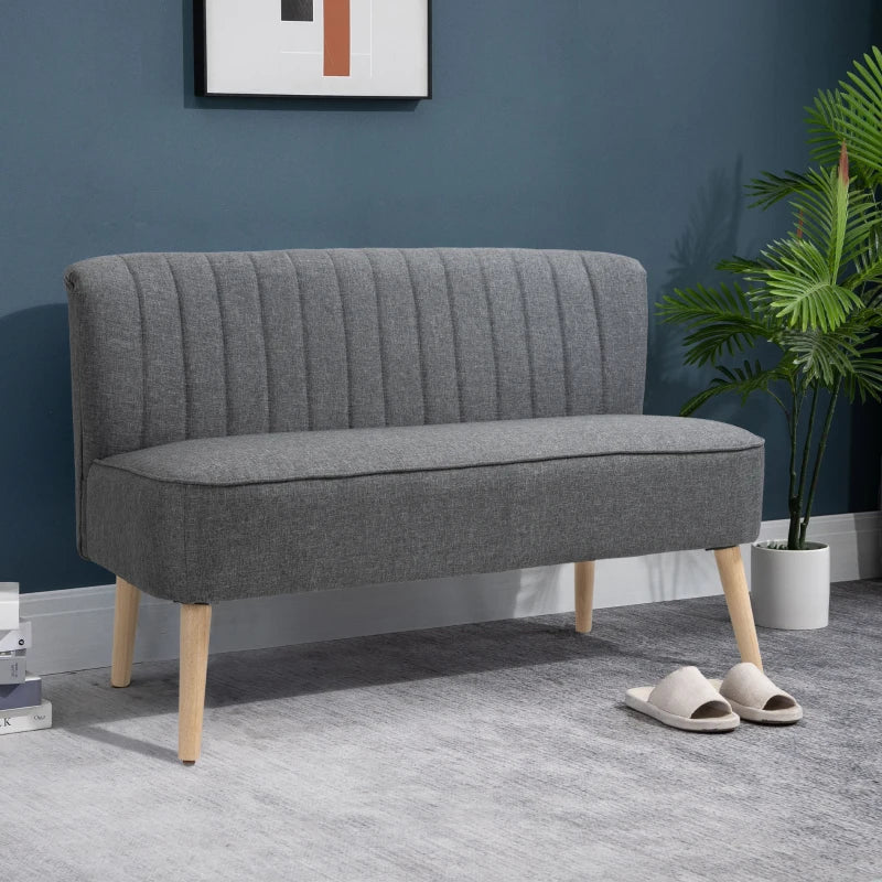 Grey Linen 2-Seater Sofa with Wood Legs