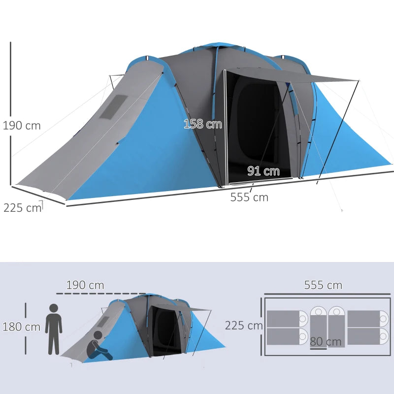 Blue 2-Bedroom Camping Tunnel Tent, 2000mm Waterproof, Portable for 4-6 People