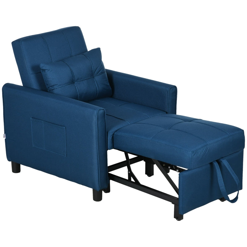 Blue Convertible Sleeper Chair with Adjustable Backrest and Side Pockets