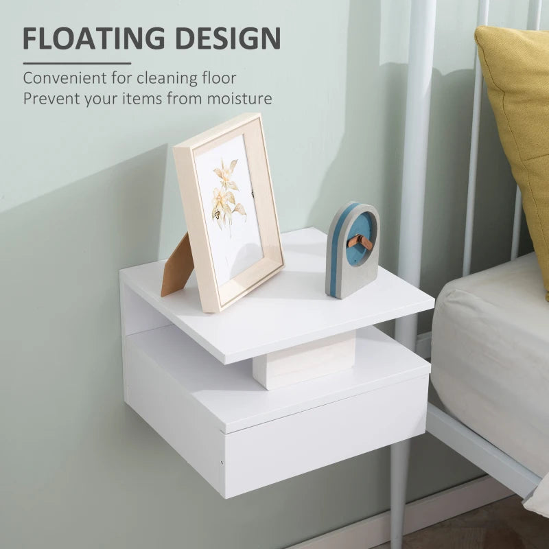 White Floating Bedside Cabinet with Drawer and Shelf, Wall Mounted Nightstand