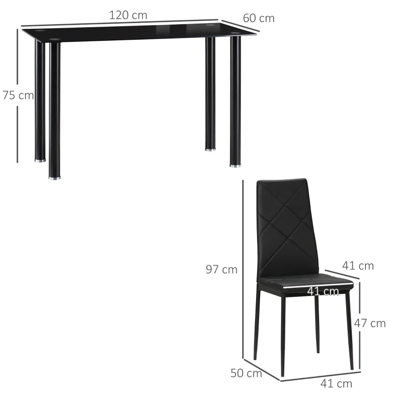 Black 4-Seater Dining Set with Glass Tabletop and Steel Frame