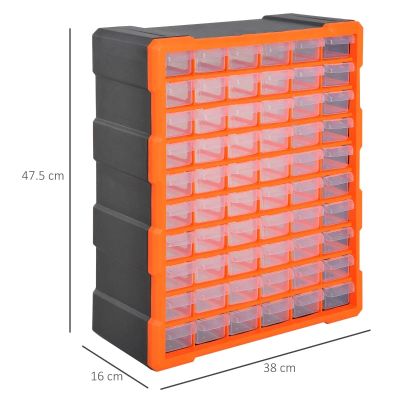 60-Drawer Clear Orange Wall Mount Parts Organizer