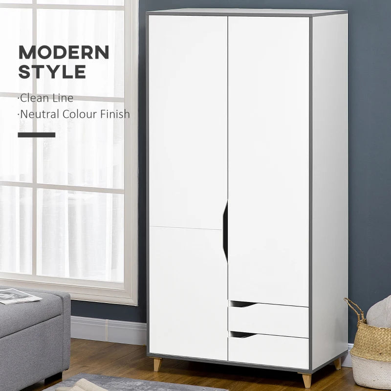 White Wardrobe with 2 Doors, 2 Drawers, Hanging Rail, Shelves - Bedroom Clothes Storage 89x50x185cm