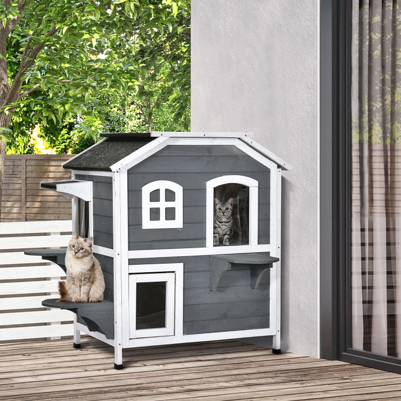 Grey 2-Story Weatherproof Wooden Cat Enclosure with Escape Door