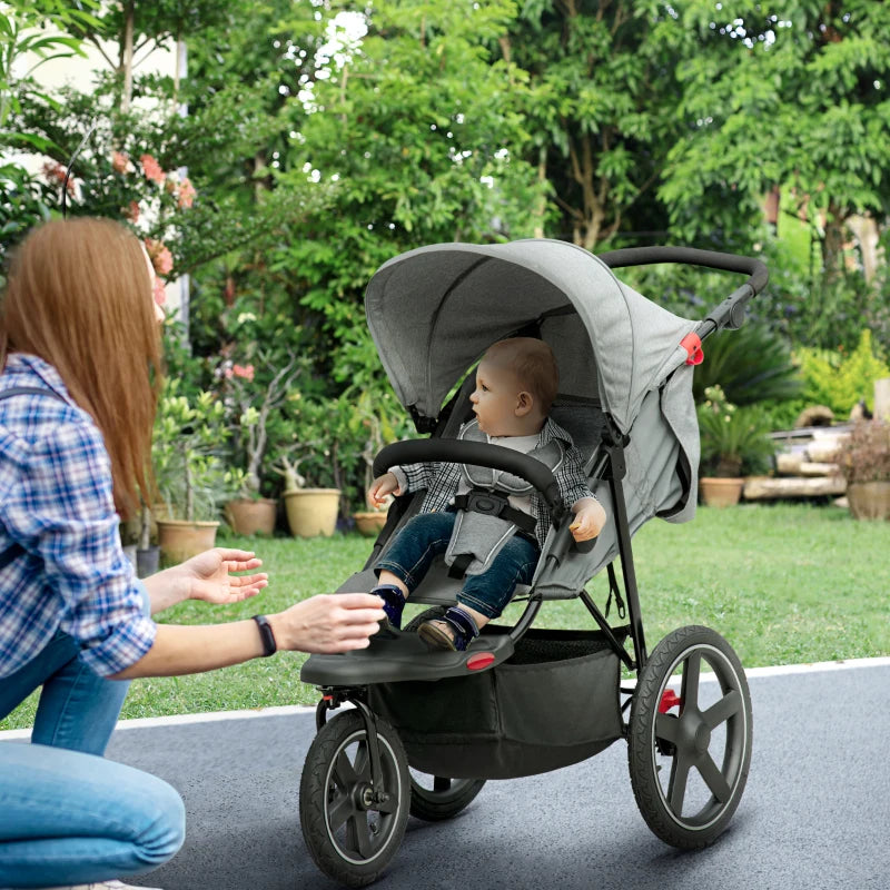 Grey Foldable 3-Wheel Baby Stroller with Canopy and Storage Basket
