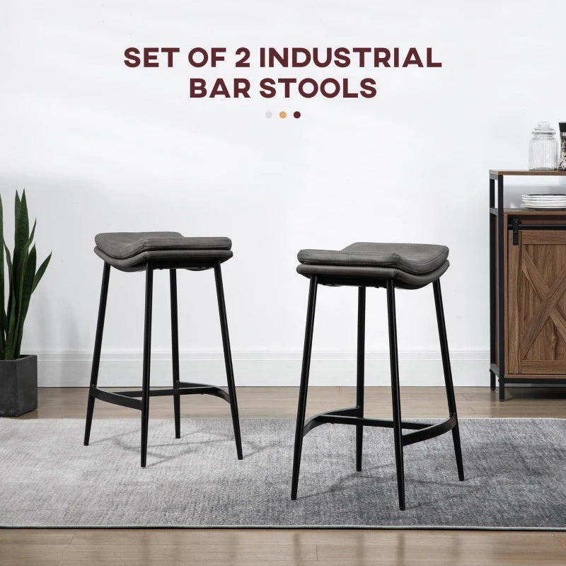 Grey Microfibre Upholstered Bar Stools Set of 2 with Curved Seat and Steel Frame