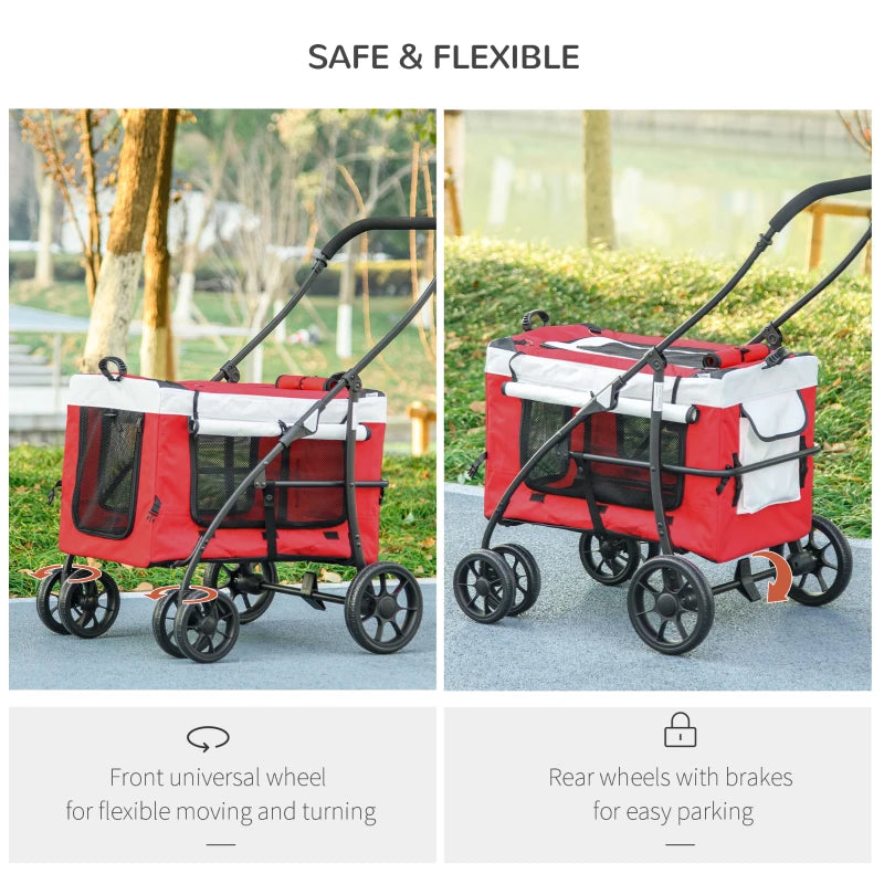 Red Foldable Dog Stroller with Detachable Carrier for Mini Dogs