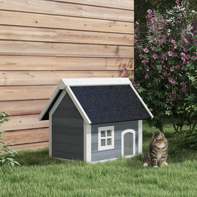 Grey Wooden Outdoor Cat Shelter with Asphalt Roof, 77x57.5x68cm