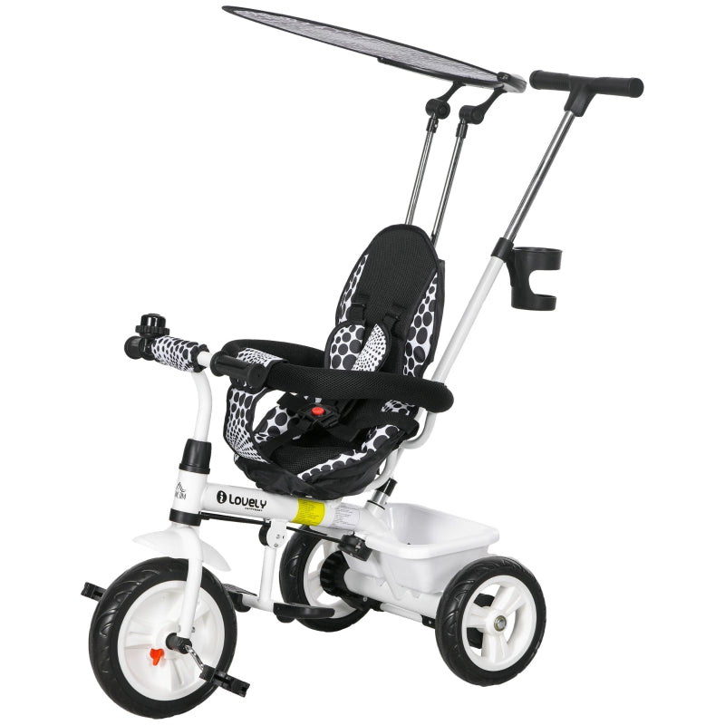 White 6-in-1 Kids Tricycle with 5-Point Harness & Canopy