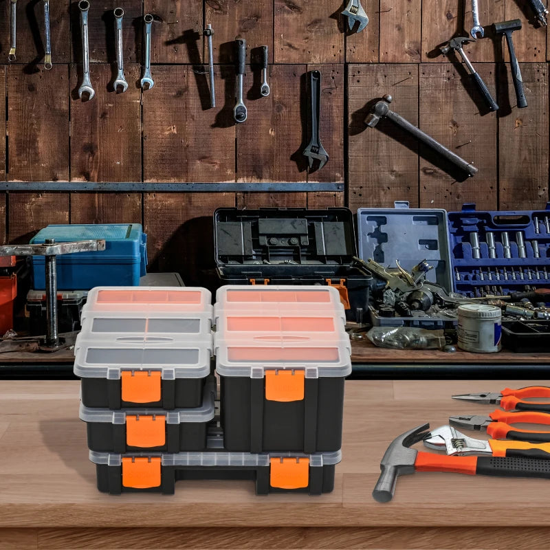 4-Piece Black and Orange Plastic Tool Storage Boxes with Dividers and Locking Lids