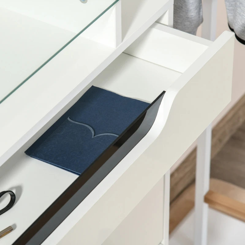 White Shoe Storage Cabinet with Slide Out Drawer and Glass Top