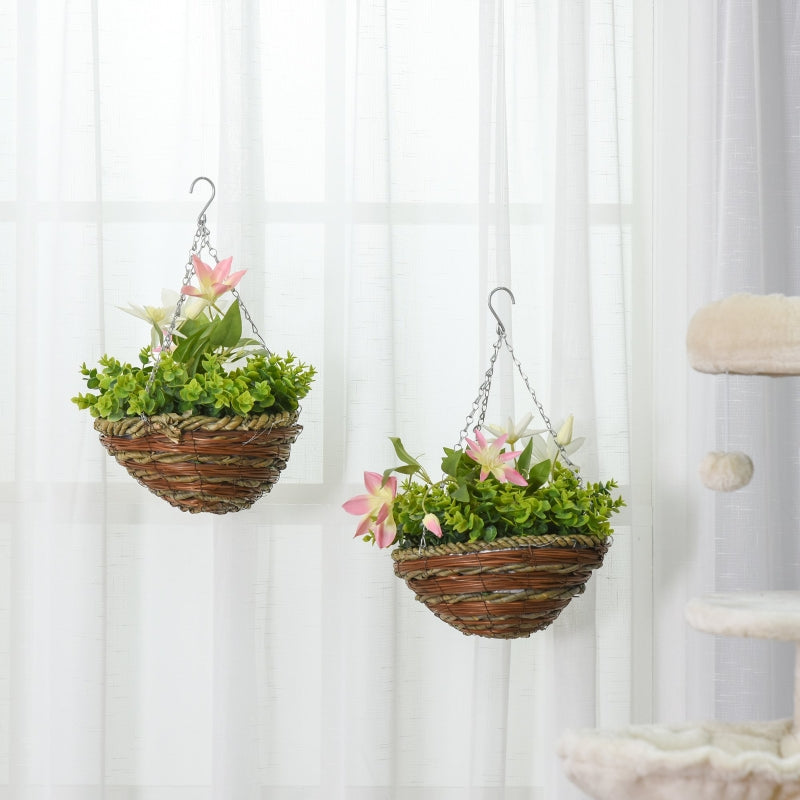 Set of 2 Purple Artificial Clematis Hanging Planters