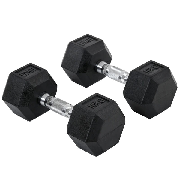 10kg Hex Rubber Dumbbells Set - Black - Home Gym Fitness Equipment