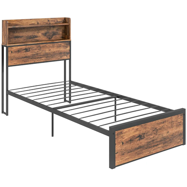 Rustic Brown Steel Single Bed Frame with Storage, 3.1FT