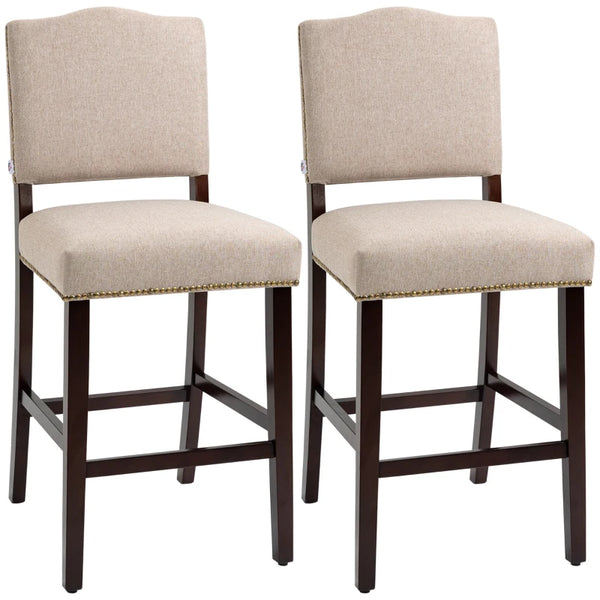 Beige Fabric Bar Stools Set of 2 with Backrest and Nailhead Trim