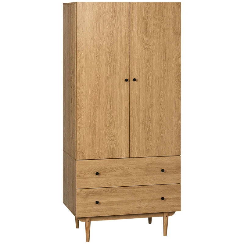 Natural Tone Wardrobe with 2 Doors, 2 Drawers, Hanging Rail - Bedroom Clothes Storage 80x52x180cm