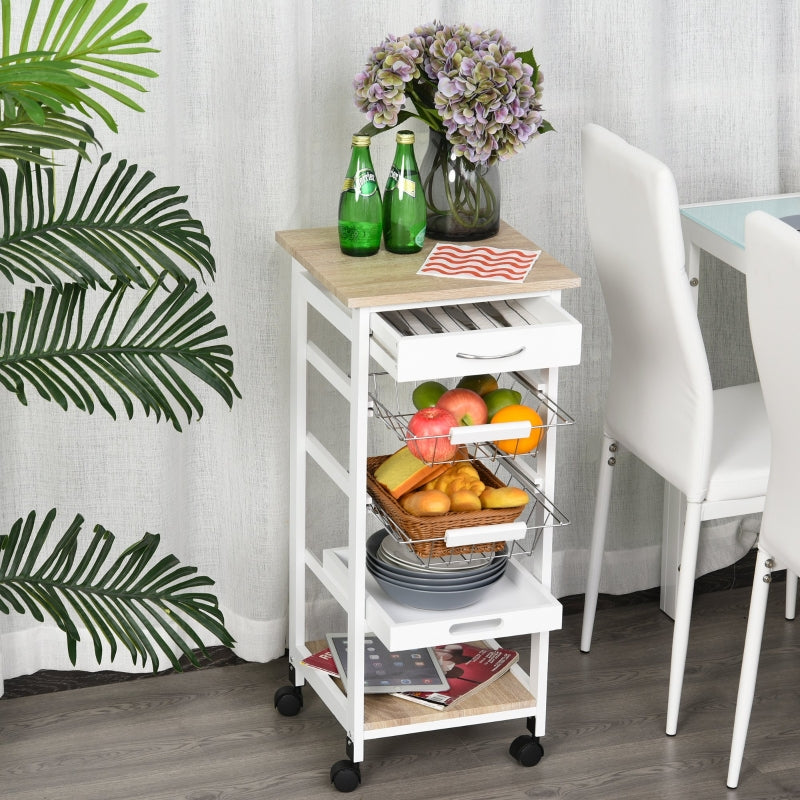 White Rolling Kitchen Island Trolley with Metal Baskets and Shelves