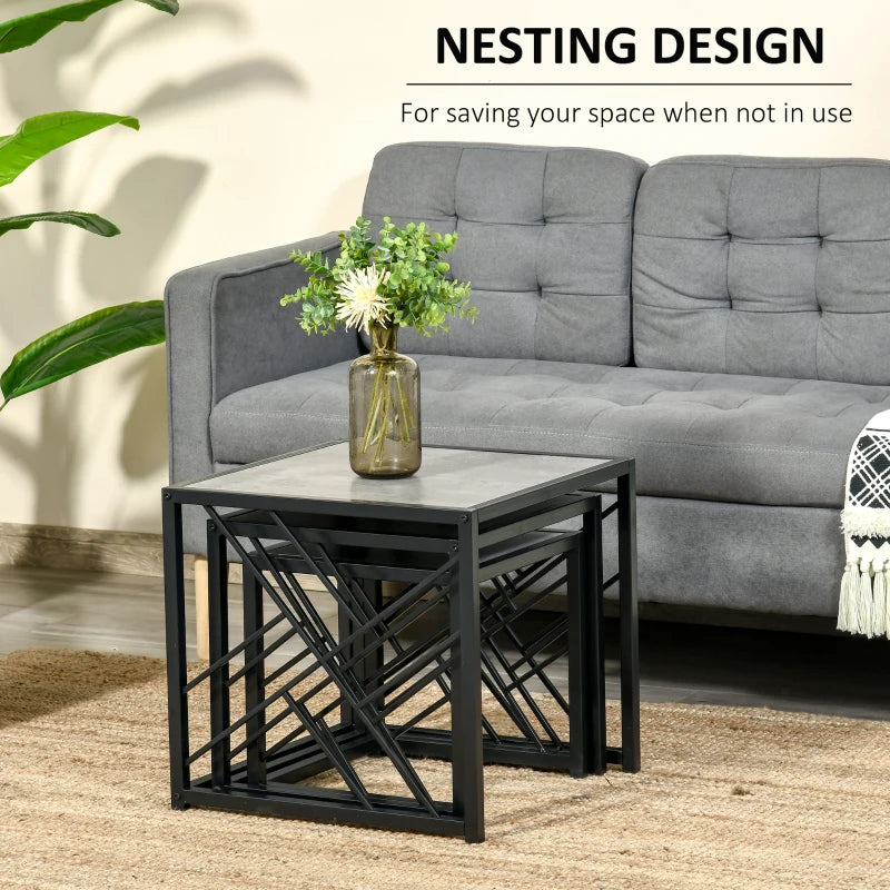 Grey Square Nesting Coffee Tables Set, 3-Piece Black Metal Frame Side Tables