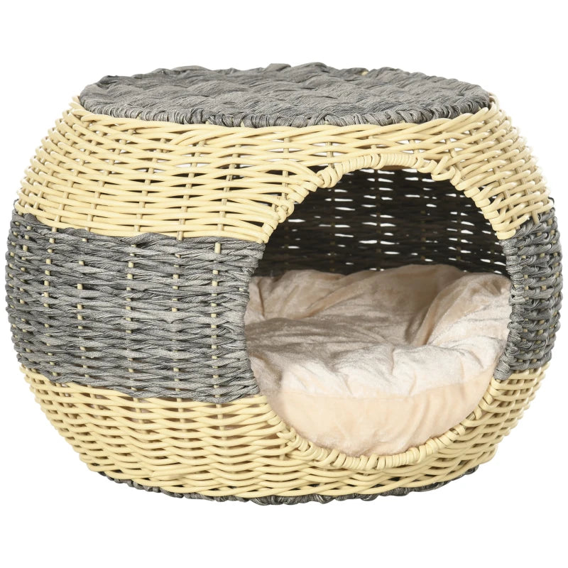 Rattan Wicker Cat Bed, Cozy Kitten Cave, Grey, Washable Cushion, 40x30cm