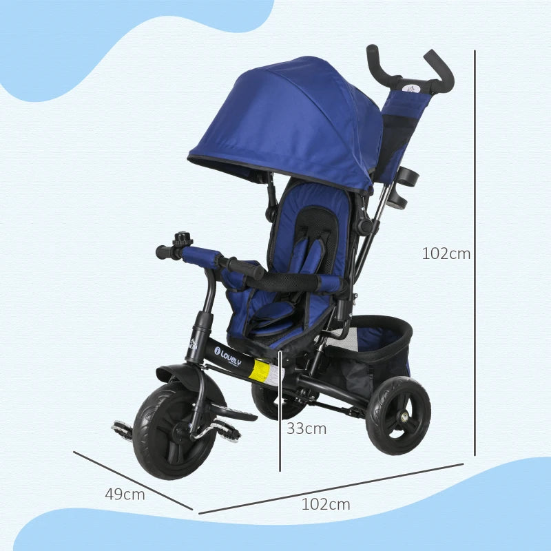 Blue 6-in-1 Kids Trike with Push Handle, Canopy, Safety Belt, Storage, Footrest, Brake