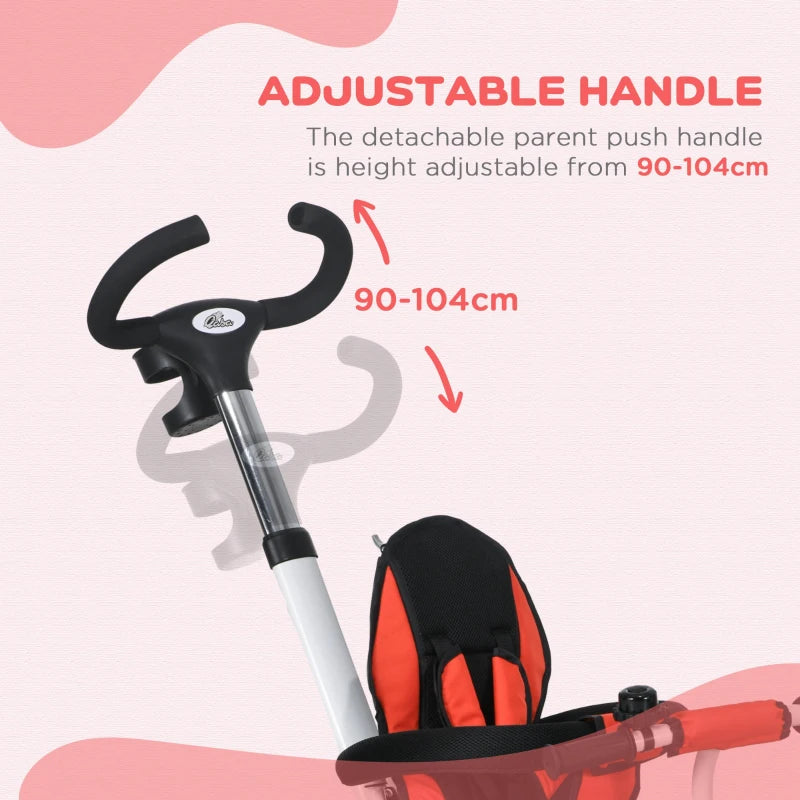 Red 6-in-1 Baby Push Tricycle with Parent Handle - Ages 1-5