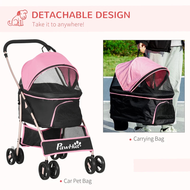 Pink Pet Stroller with Rain Cover - 3-in-1 Cat Dog Pushchair