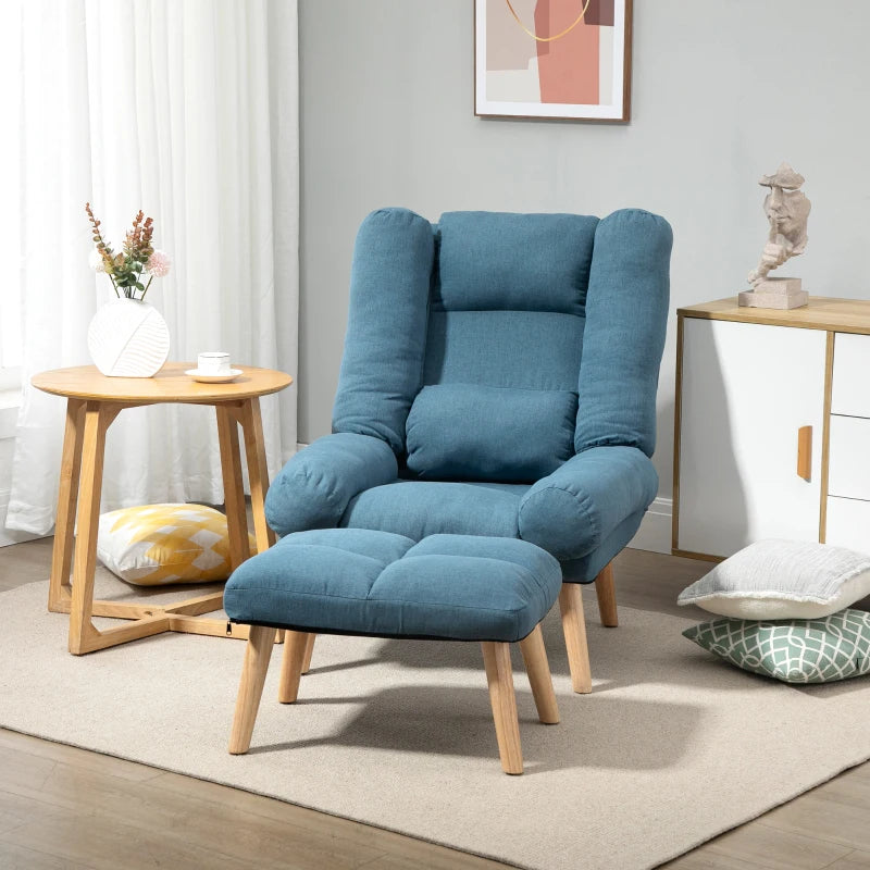 Blue Reclining Armchair with Ottoman and Adjustable Backrest
