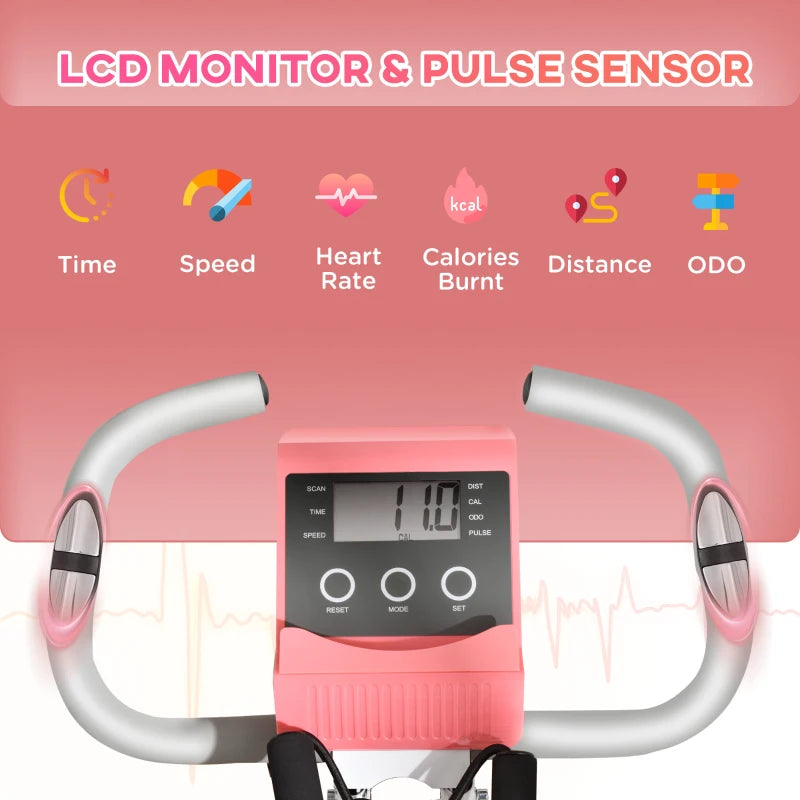 Pink Foldable Recumbent Exercise Bike with 8-Level Magnetic Resistance