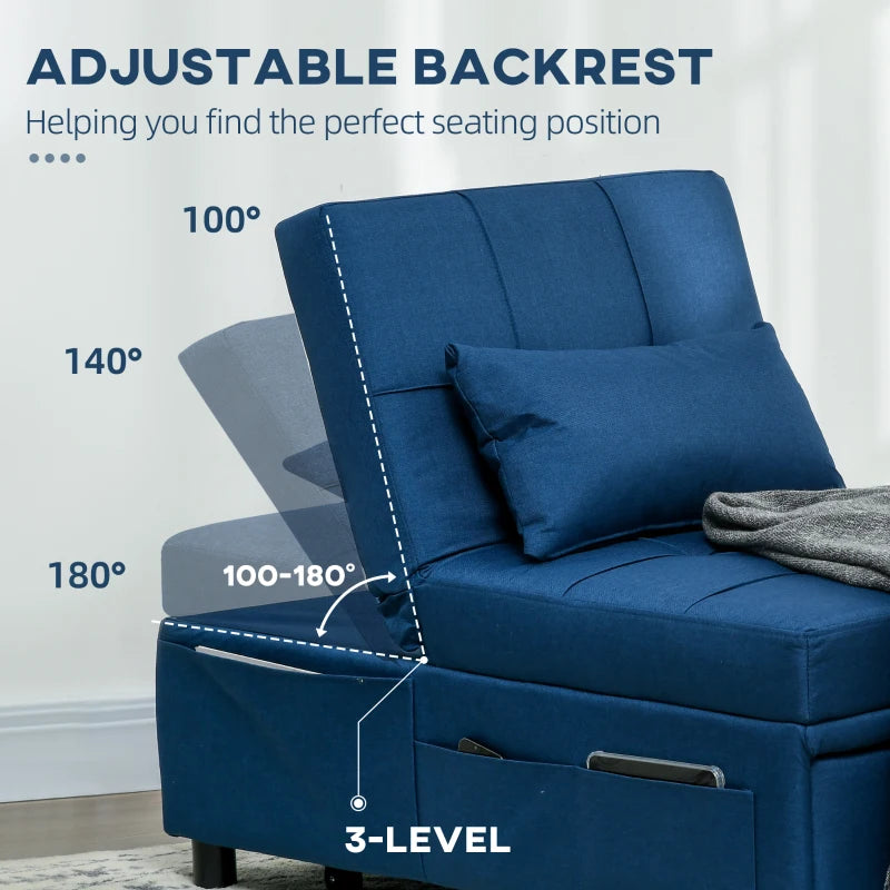 Blue Convertible Chair Bed with Adjustable Backrest and Side Pocket