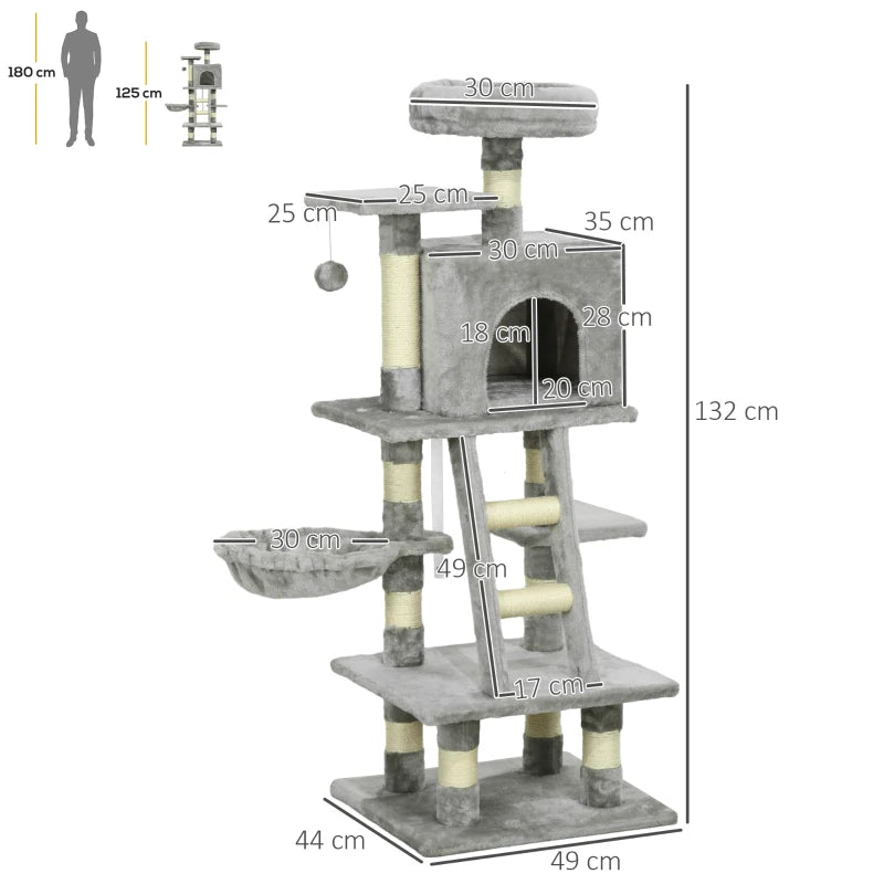 Grey Cat Tree with Scratching Post, House, Hammock, Toy Balls - 132cm