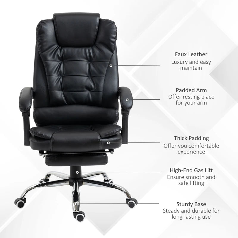 Black PU Leather Executive Office Chair with Swivel Wheels & Reclining Backrest