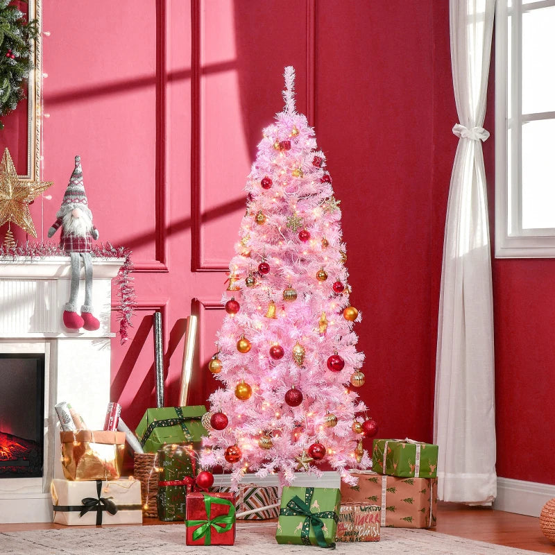 7FT Pink Pre-lit Pencil Slim Christmas Tree with Warm White LED Lights