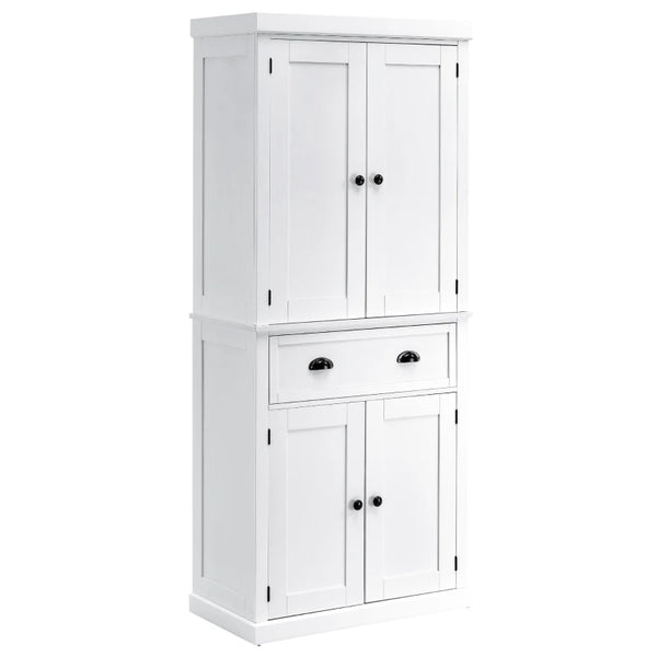 White Colonial Kitchen Storage Cabinet, 184cm Tall, 4-Door Pantry Cupboard