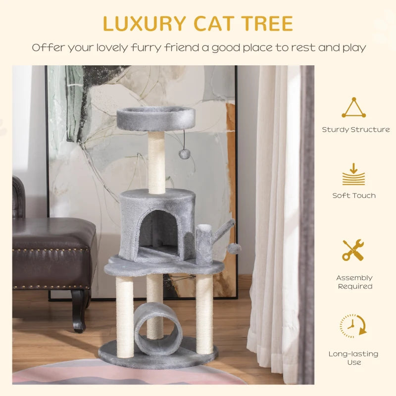 Grey Cat Climbing Tower with Scratching Post and Bed